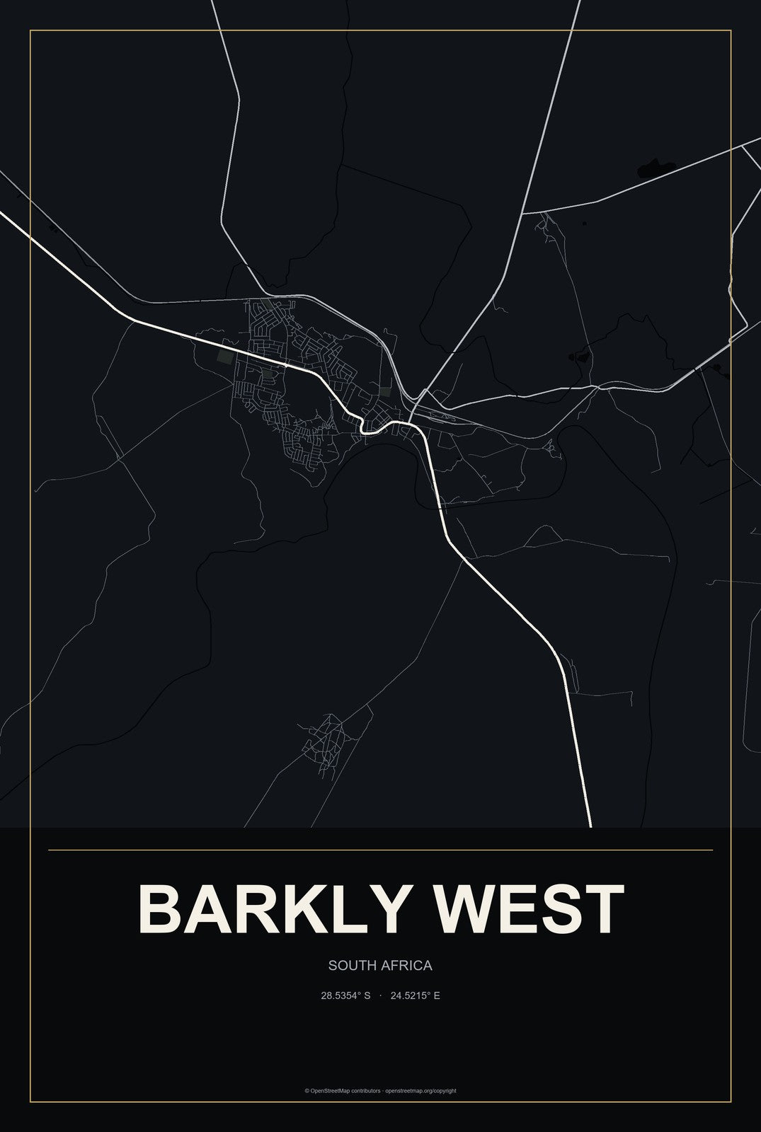 Barkly West, South Africa City Map Aluminum Sign in Metropolitan Noir style