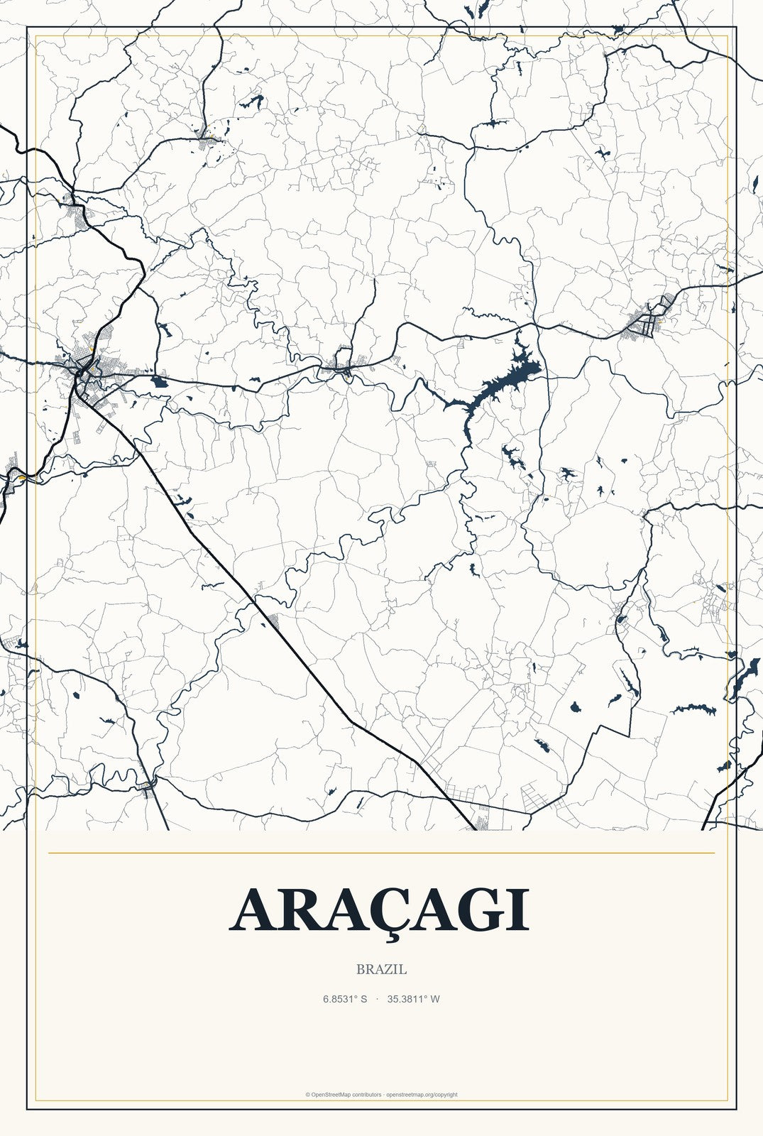 Araçagi, Brazil City Map Aluminum Sign in Citrine Modern style