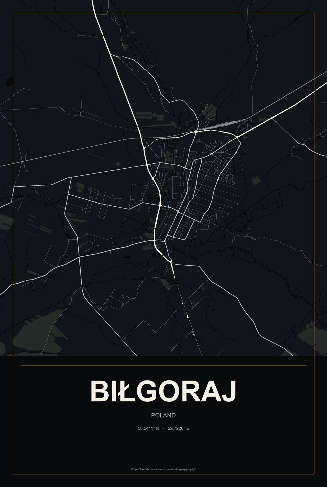 Biłgoraj, Poland City Map Aluminum Sign in Metropolitan Noir style