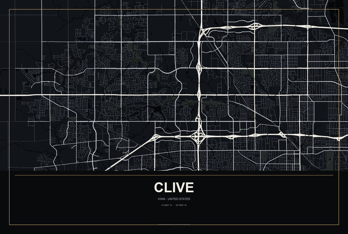 Clive, Iowa City Map Aluminum Sign in Metropolitan Noir style