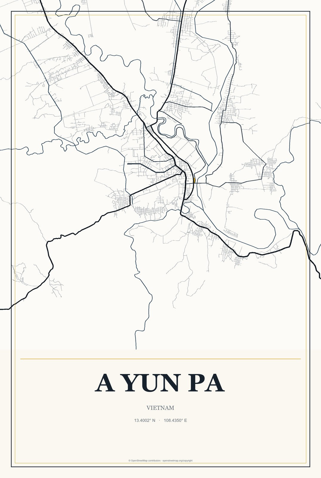 A Yun Pa, Vietnam City Map Aluminum Sign in Citrine Modern style