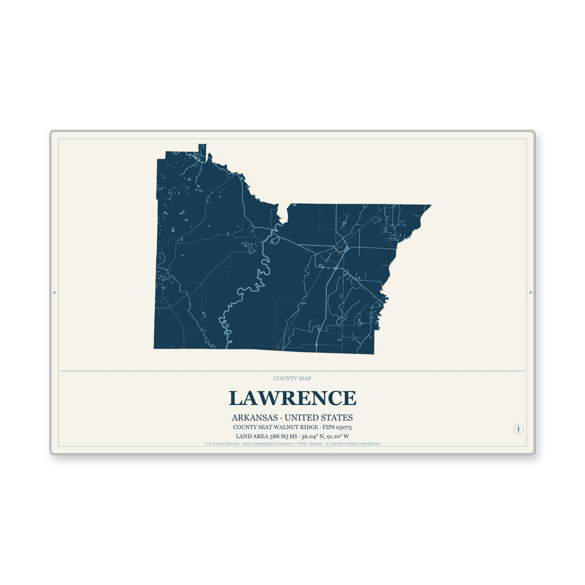 Lawrence County, Arkansas Map Aluminum Sign in Coastal Cutout style