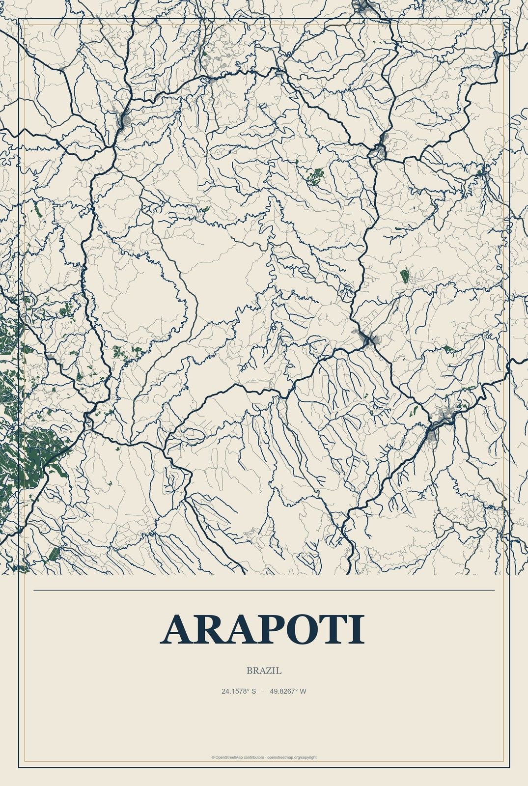 Arapoti, Brazil City Map Aluminum Sign in Coastal Cutout style