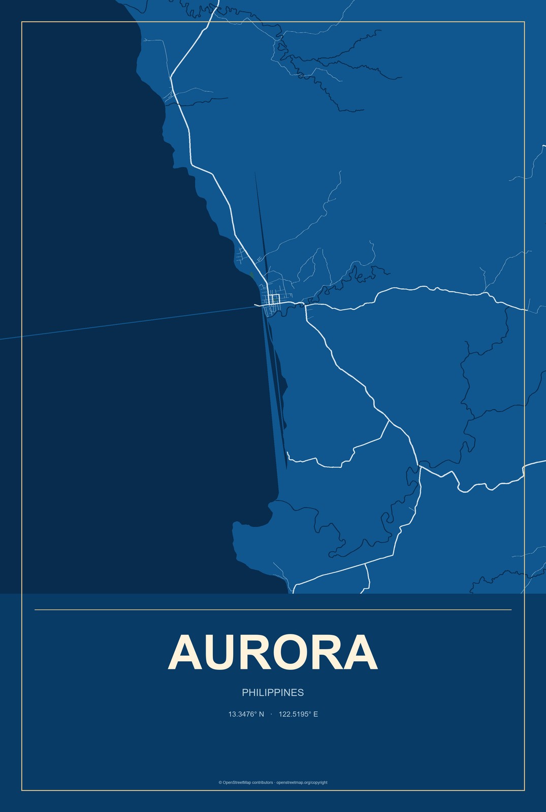 Aurora, Philippines City Map Aluminum Sign in Harbor Cobalt style