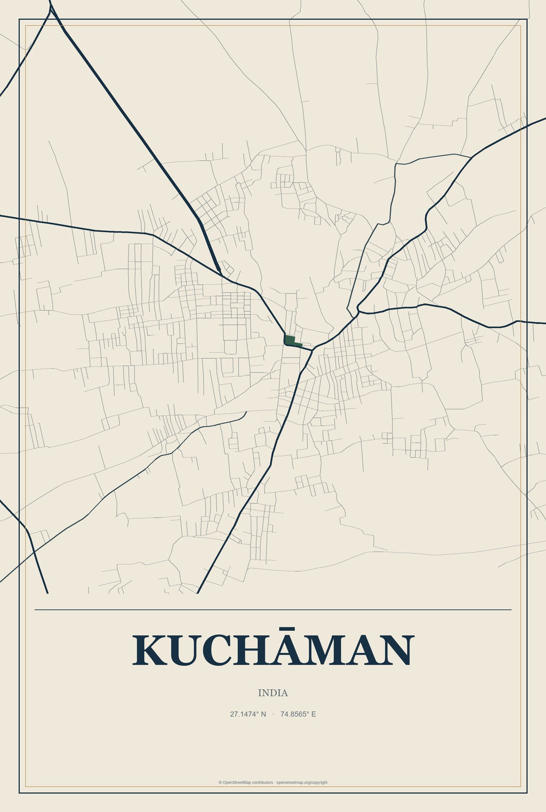 Kuchāman, India City Map Aluminum Sign in Coastal Cutout style