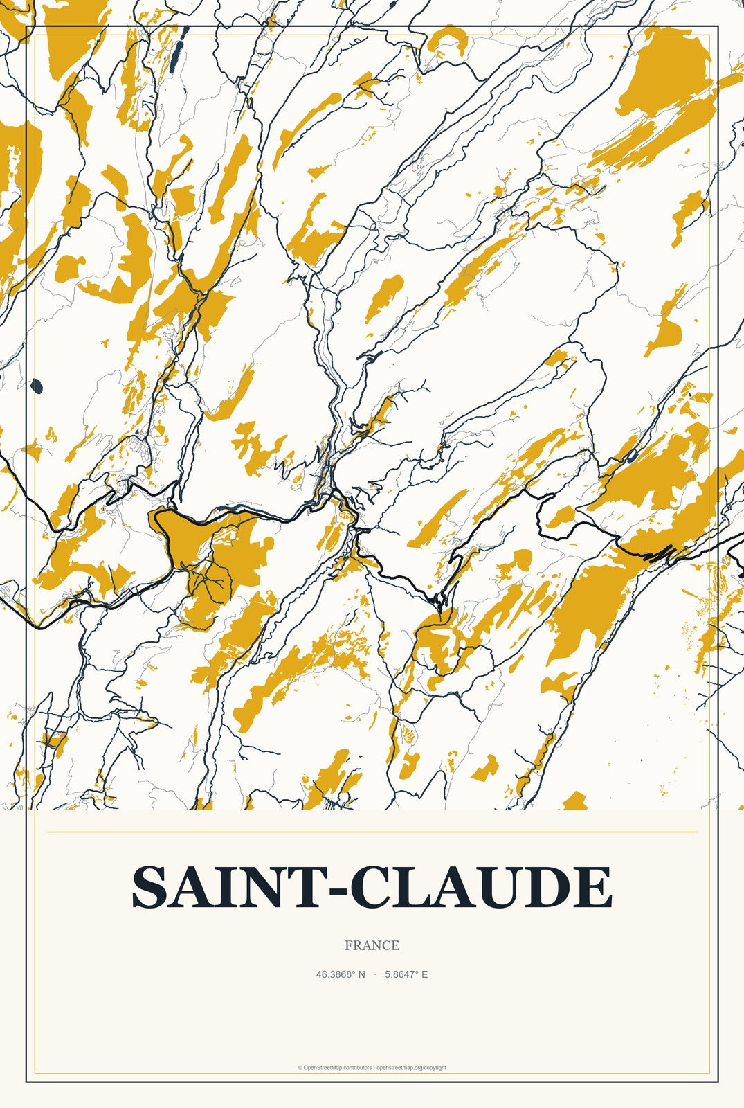Saint-Claude, France City Map Aluminum Sign in Citrine Modern style
