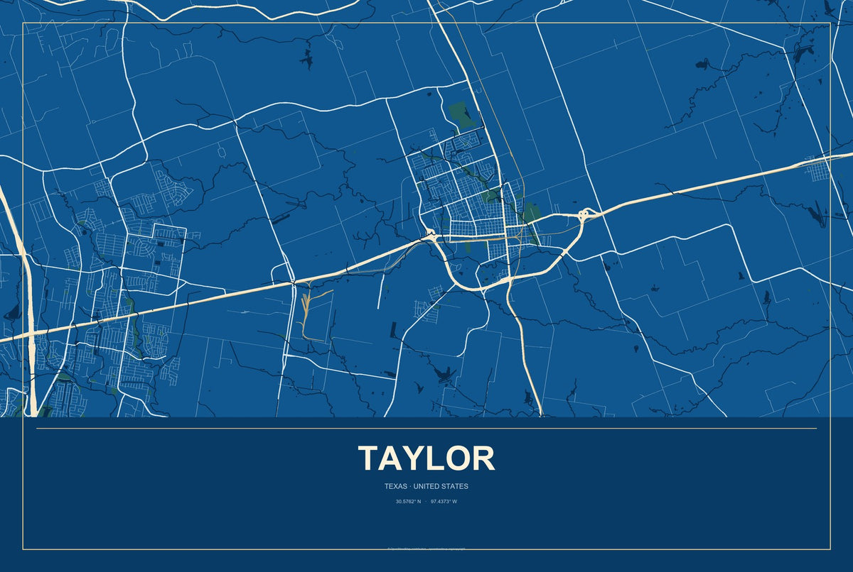 Taylor, Texas City Map Aluminum Sign in Harbor Cobalt style