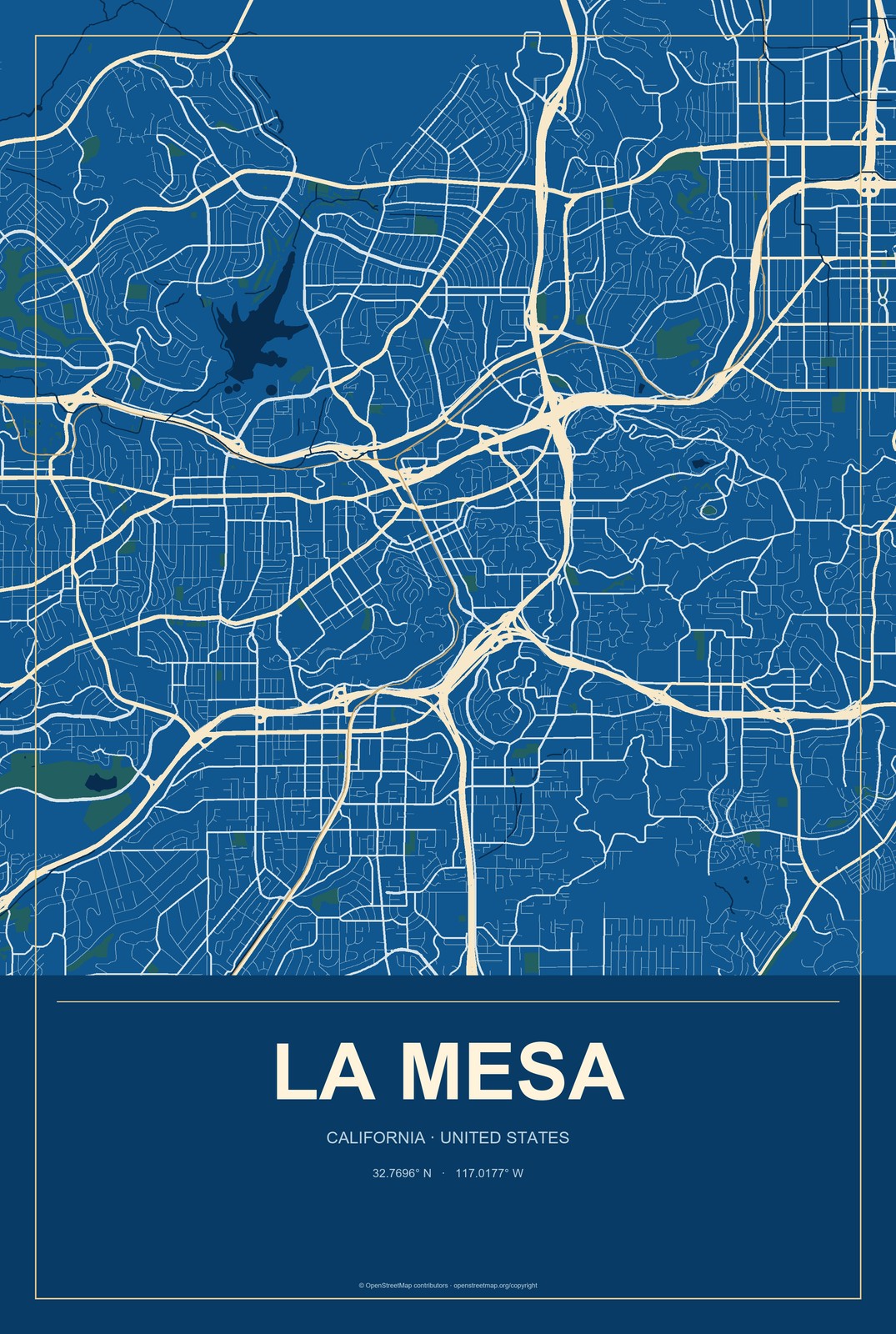 La Mesa, California City Map Aluminum Sign in Harbor Cobalt style