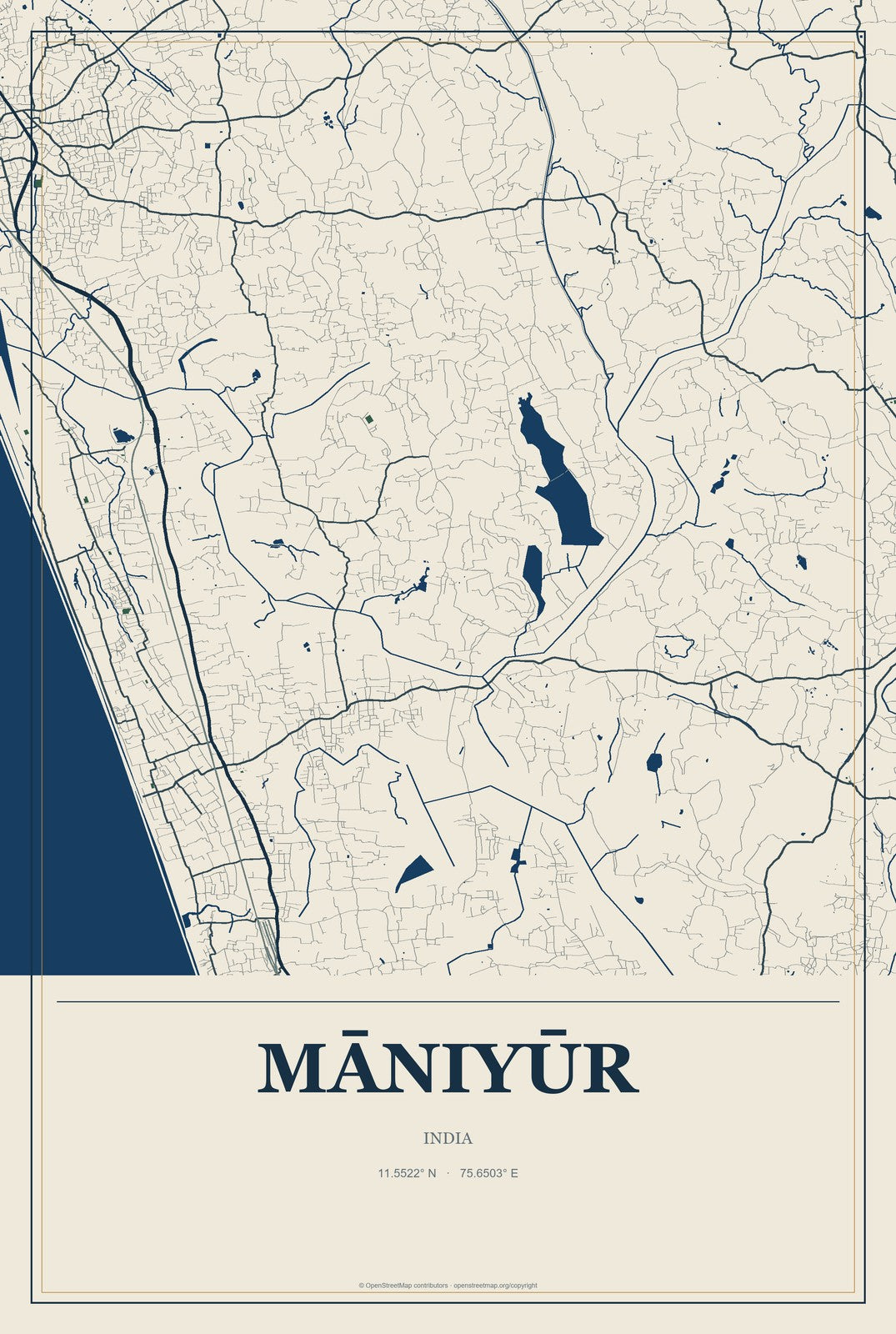 Māniyūr, India City Map Aluminum Sign in Coastal Cutout style