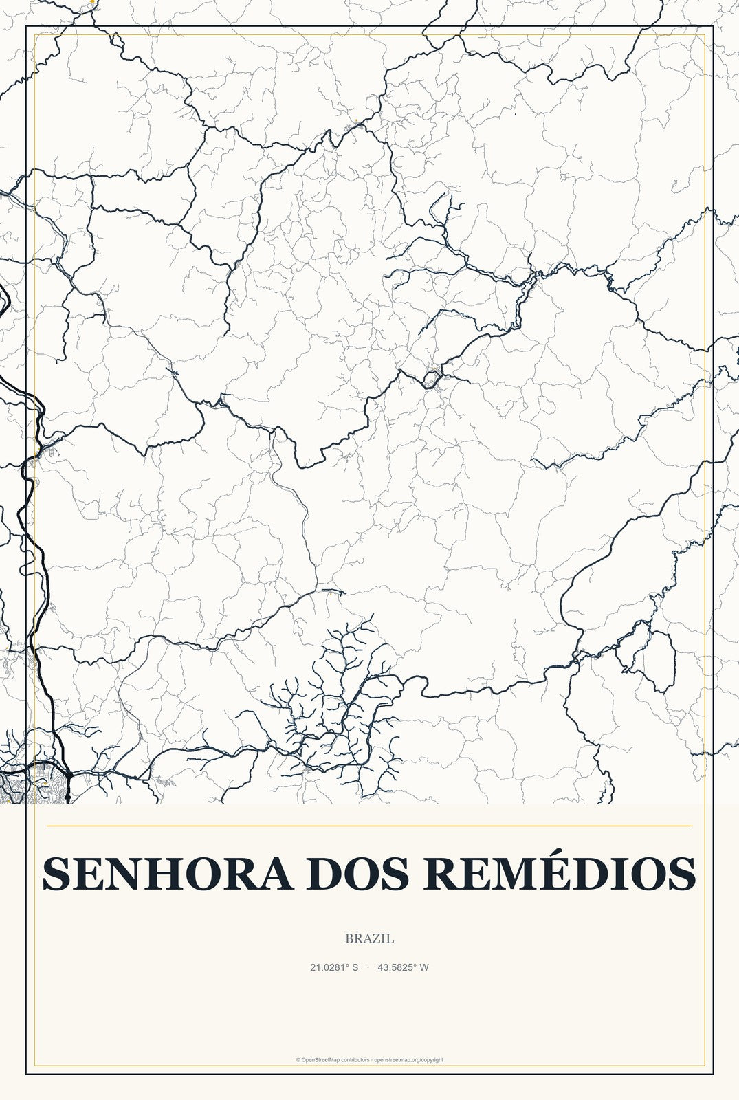Senhora dos Remédios, Brazil City Map Aluminum Sign in Citrine Modern style