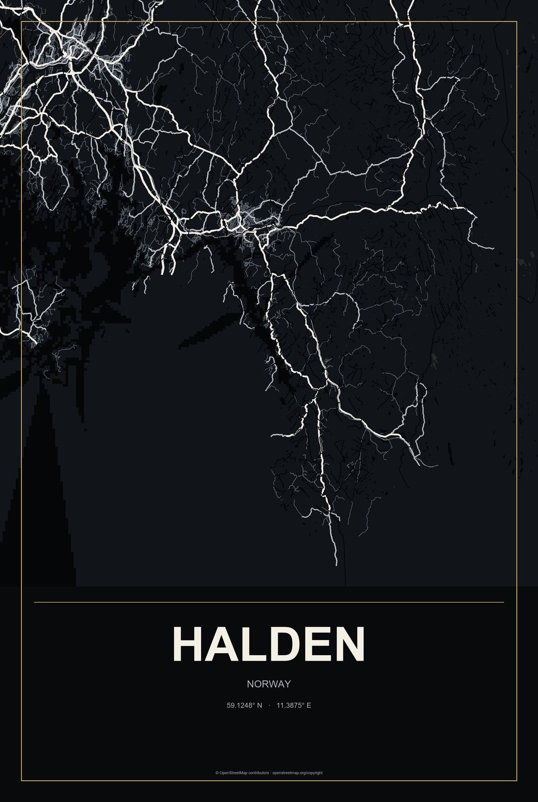 Halden, Norway City Map Aluminum Sign in Metropolitan Noir style