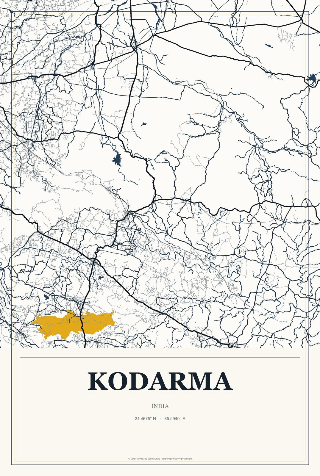 Kodarma, India City Map Aluminum Sign in Citrine Modern style