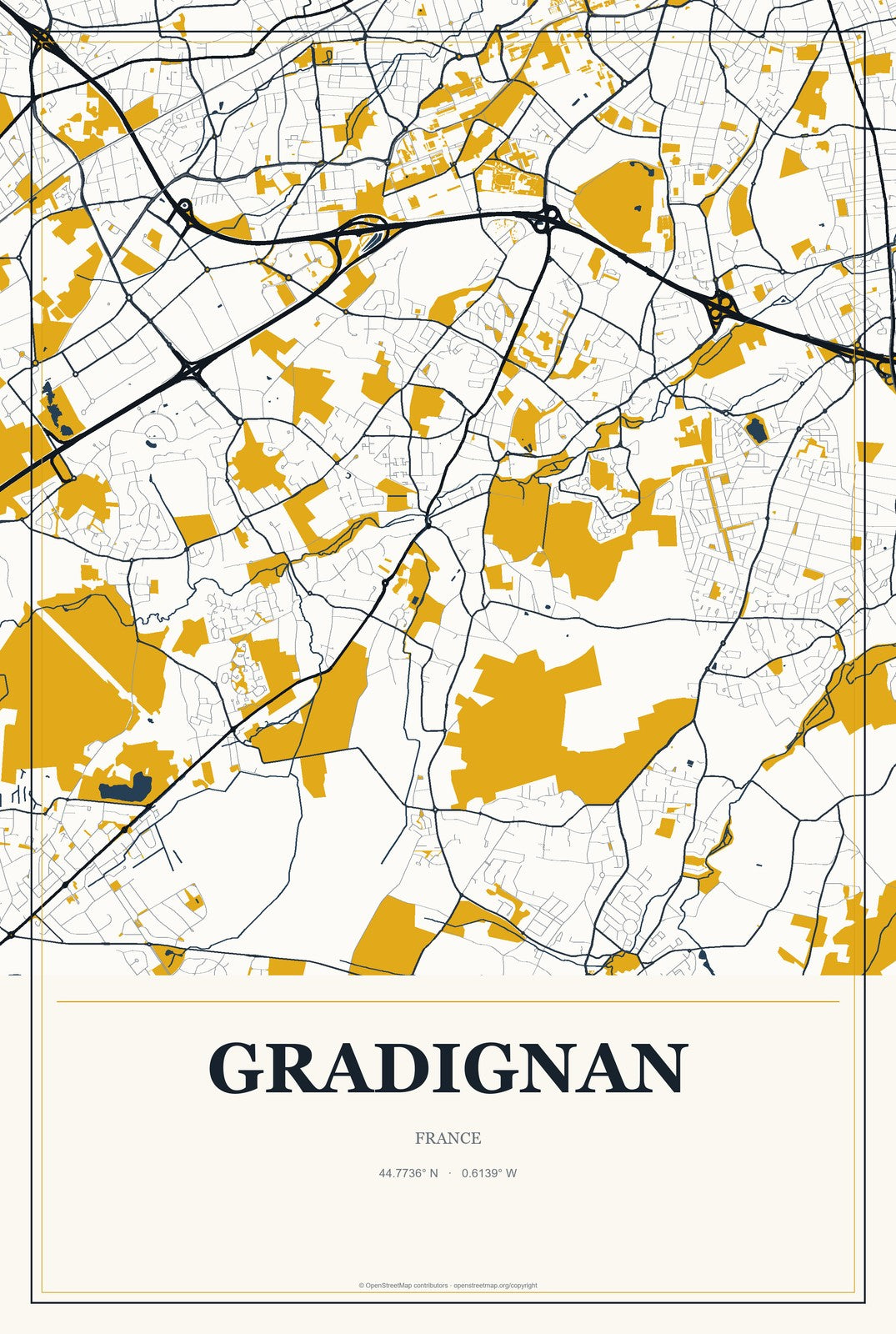 Gradignan, France City Map Aluminum Sign in Citrine Modern style