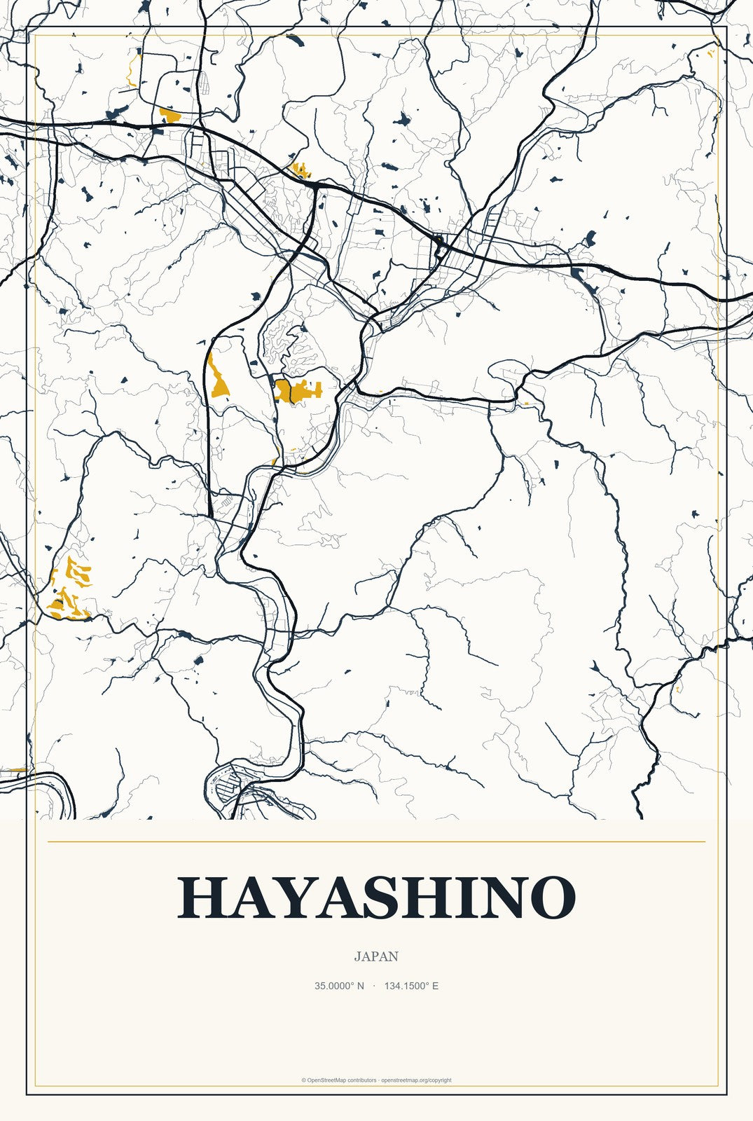 Hayashino, Japan City Map Aluminum Sign in Citrine Modern style