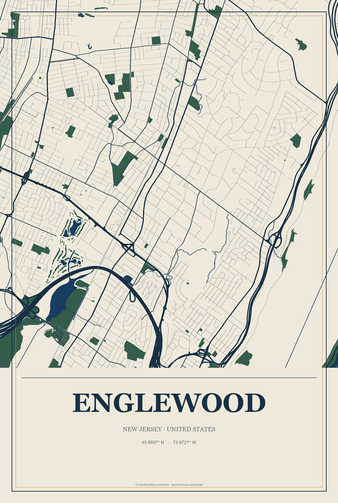 Englewood, New Jersey City Map Aluminum Sign in Coastal Cutout style