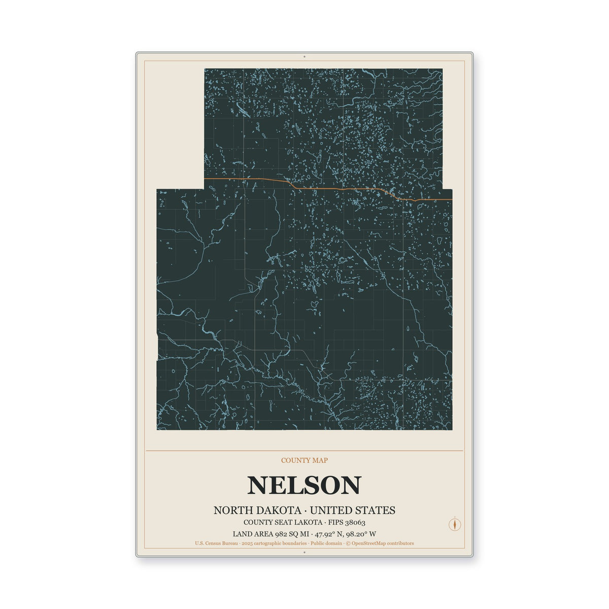Nelson County, North Dakota Map Aluminum Sign in Headline Atlas style