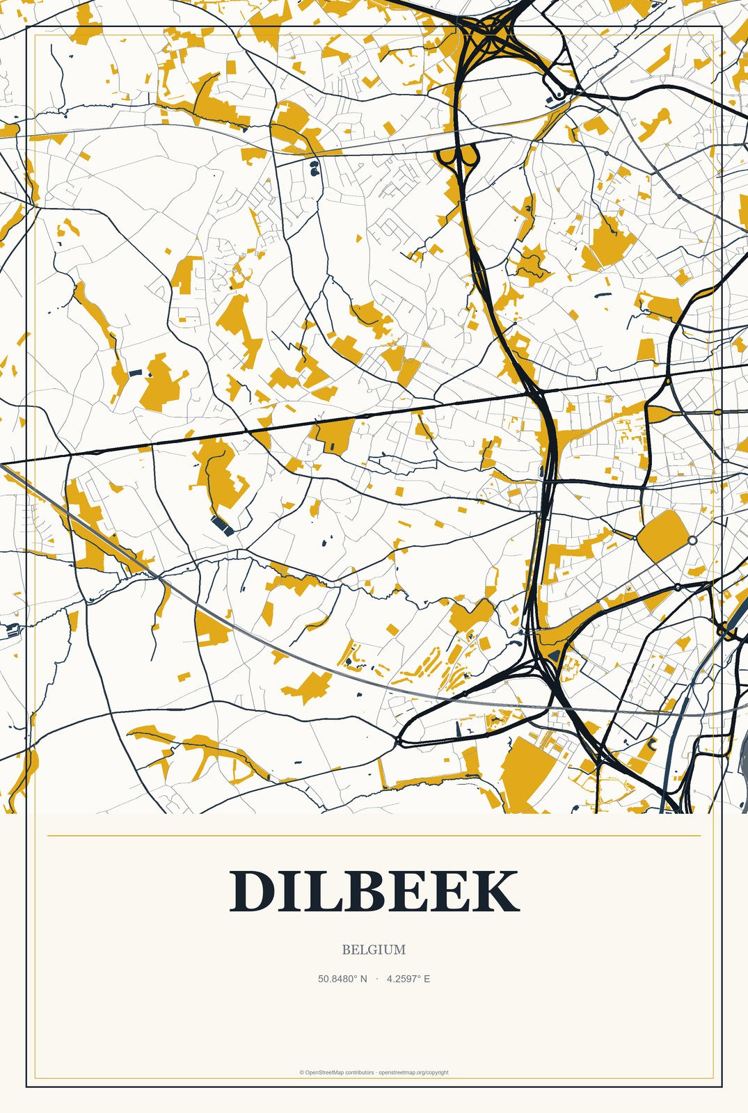 Dilbeek, Belgium City Map Aluminum Sign in Citrine Modern style