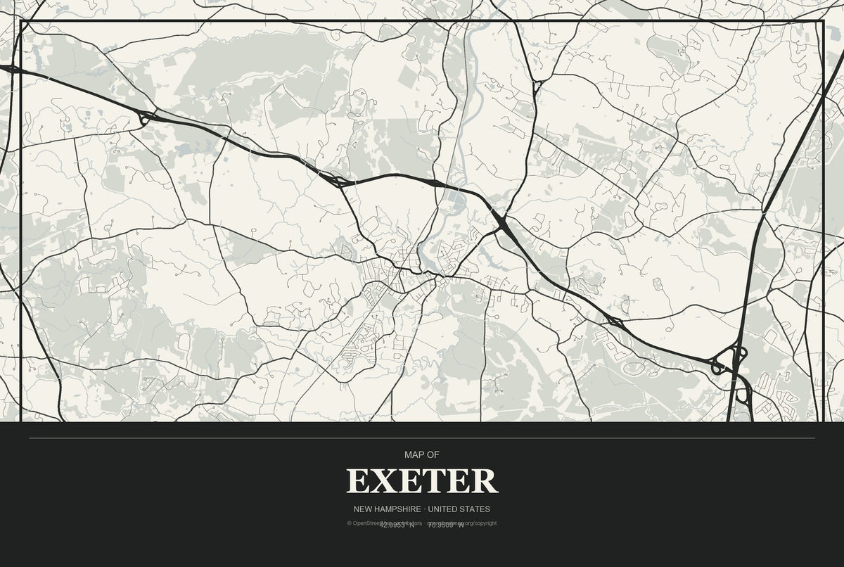 Exeter, New Hampshire City Map Aluminum Sign in Museum Plaque style