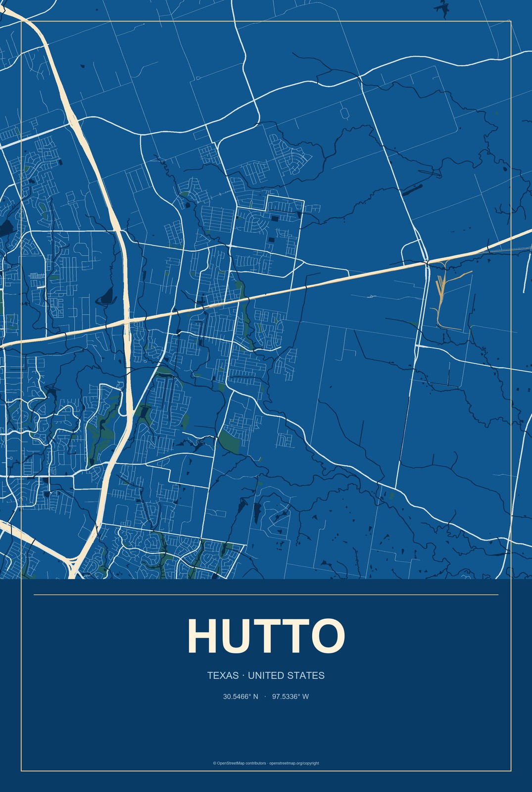 Hutto, Texas City Map Aluminum Sign in Harbor Cobalt style