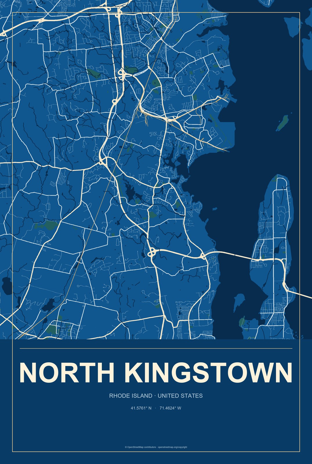 North Kingstown, Rhode Island City Map Aluminum Sign in Harbor Cobalt style