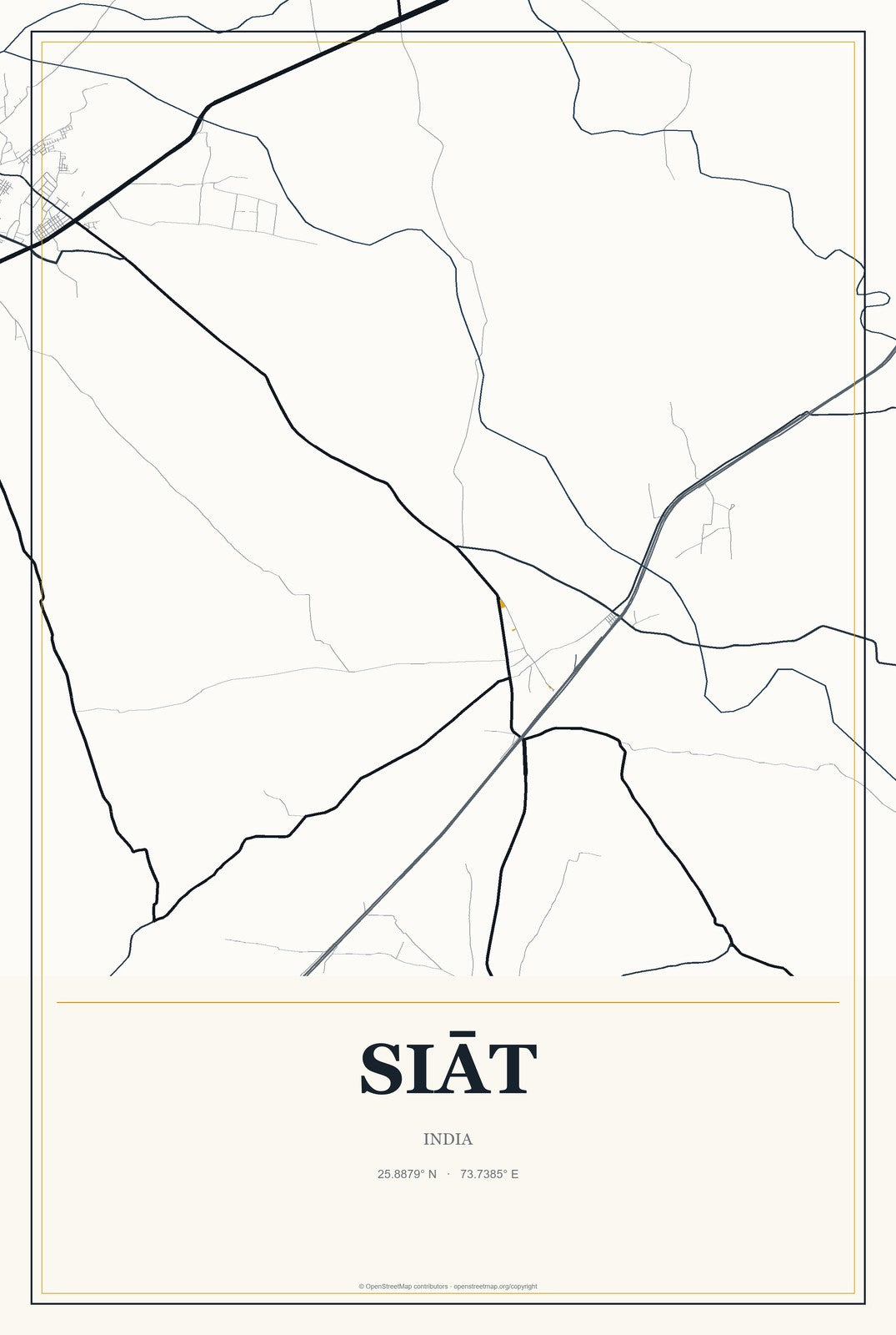 Siāt, India City Map Aluminum Sign in Citrine Modern style