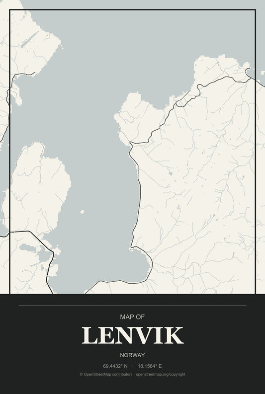Lenvik, Norway City Map Aluminum Sign in Museum Plaque style