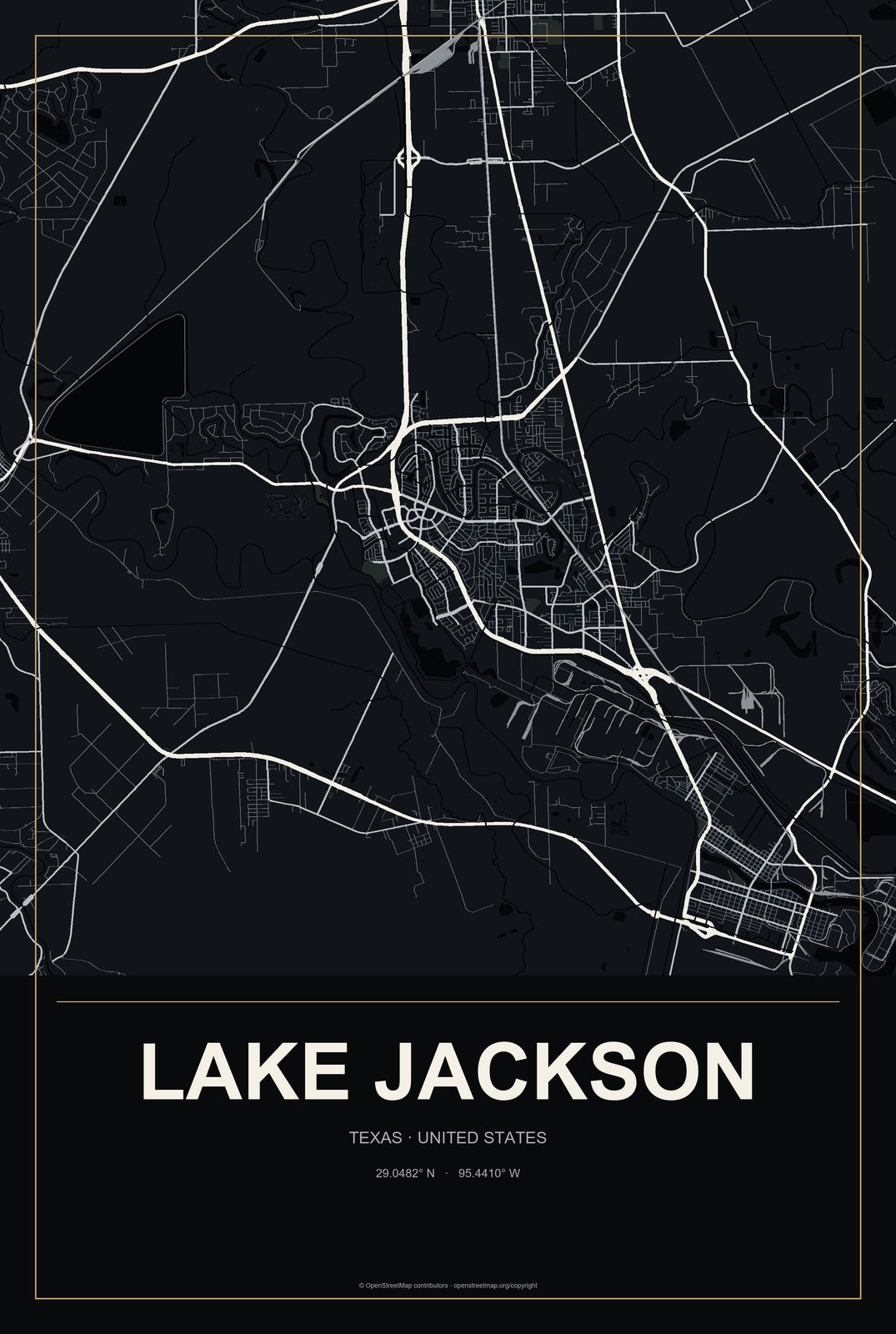 Lake Jackson, Texas City Map Aluminum Sign in Metropolitan Noir style