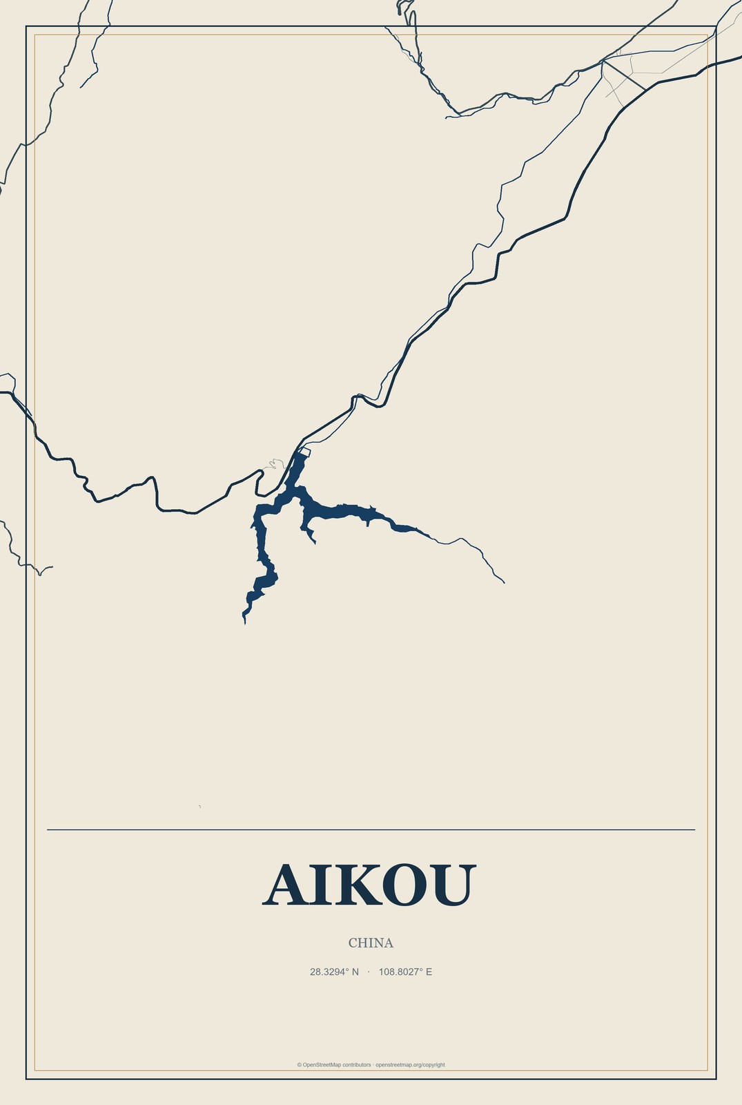 Aikou, China City Map Aluminum Sign in Coastal Cutout style