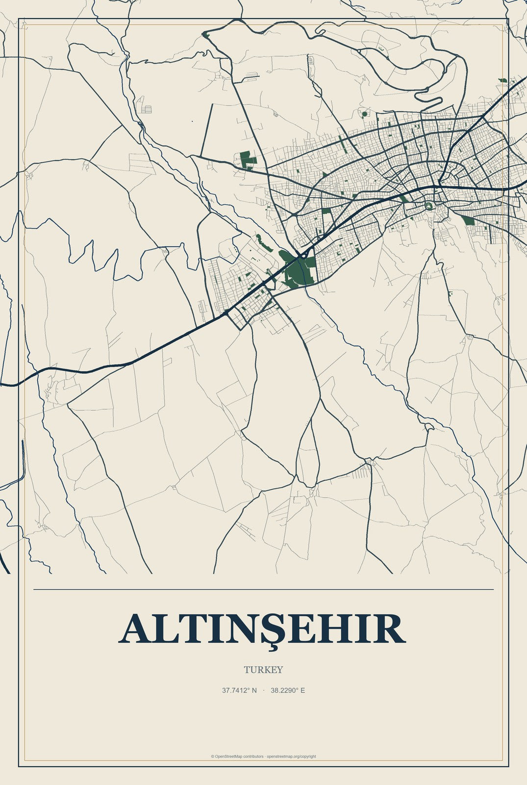 Altınşehir, Turkey City Map Aluminum Sign in Coastal Cutout style