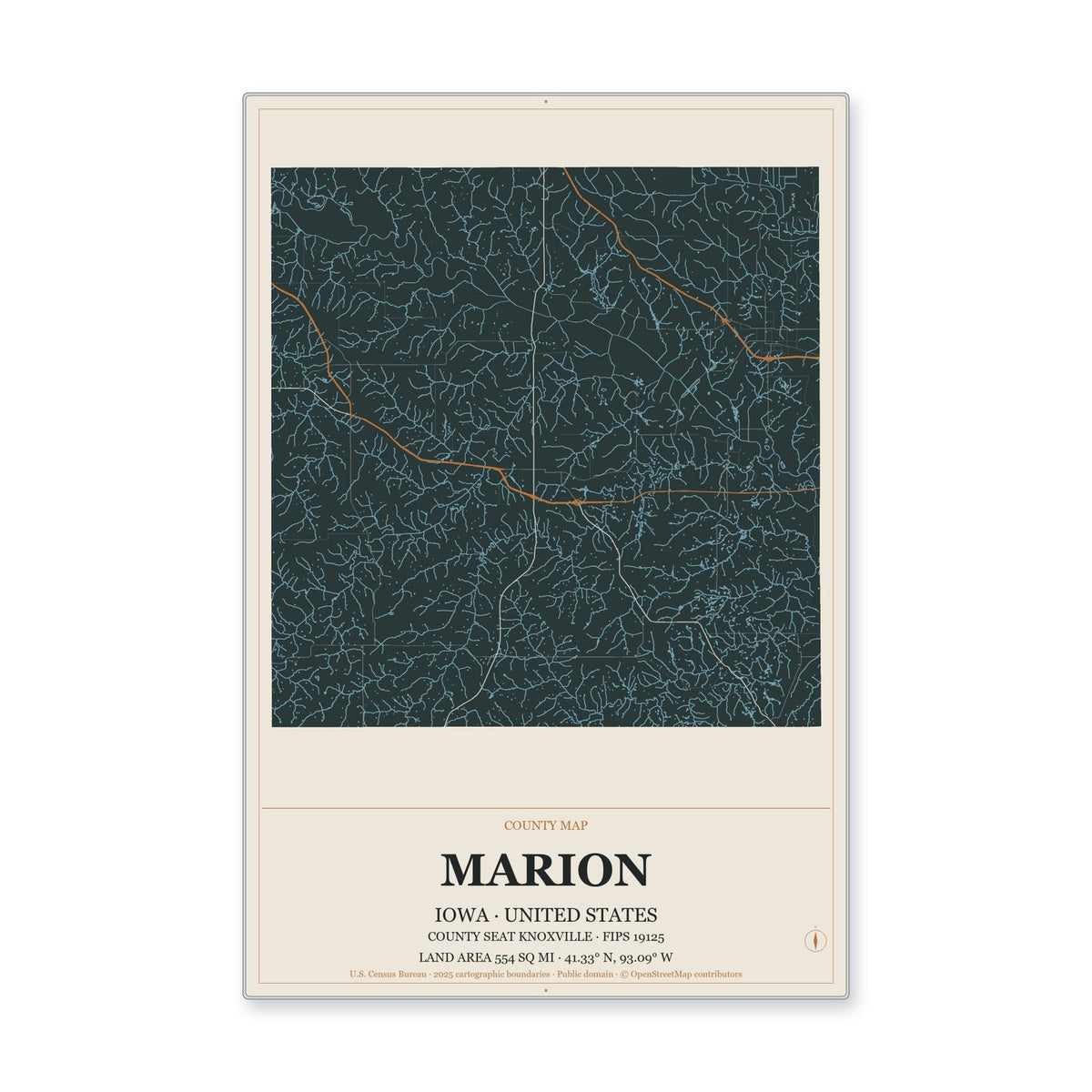 Marion County, Iowa Map Aluminum Sign in Headline Atlas style