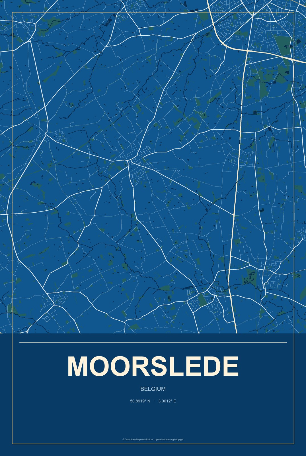 Moorslede, Belgium City Map Aluminum Sign in Harbor Cobalt style