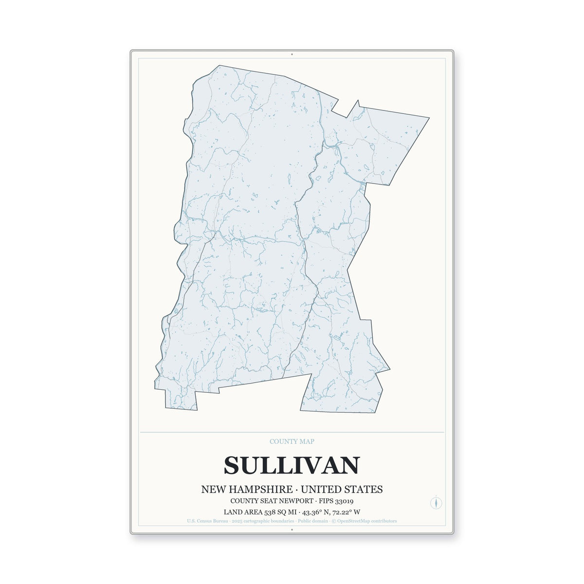 Sullivan County, New Hampshire Map Aluminum Sign in Gallery Air style