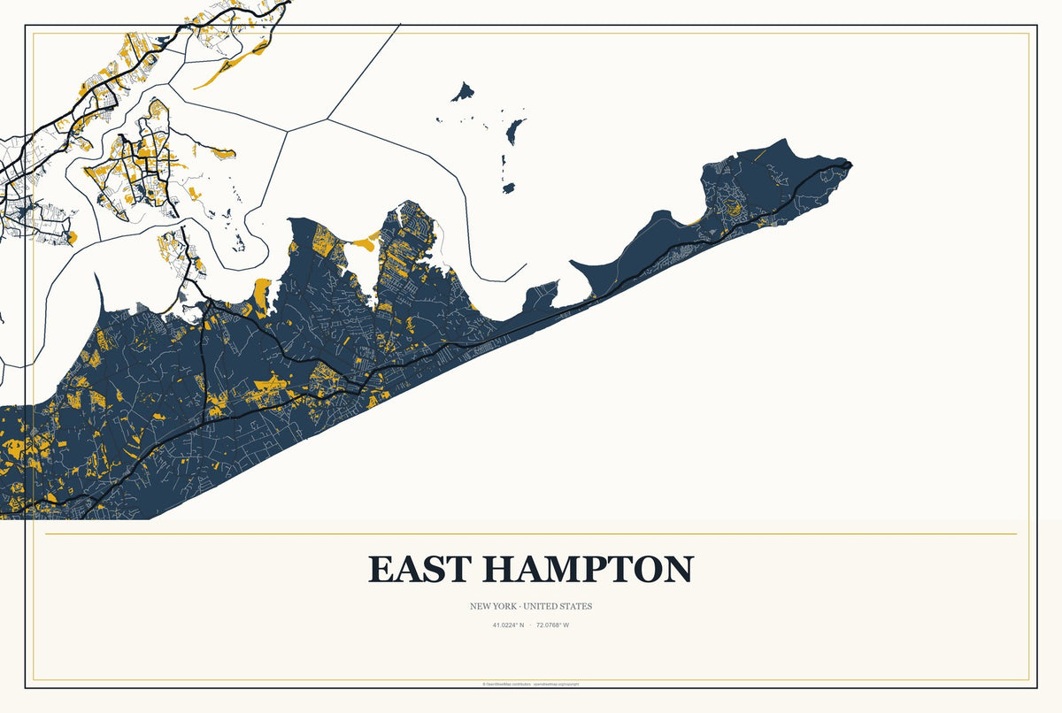 East Hampton, New York City Map Aluminum Sign in Citrine Modern style