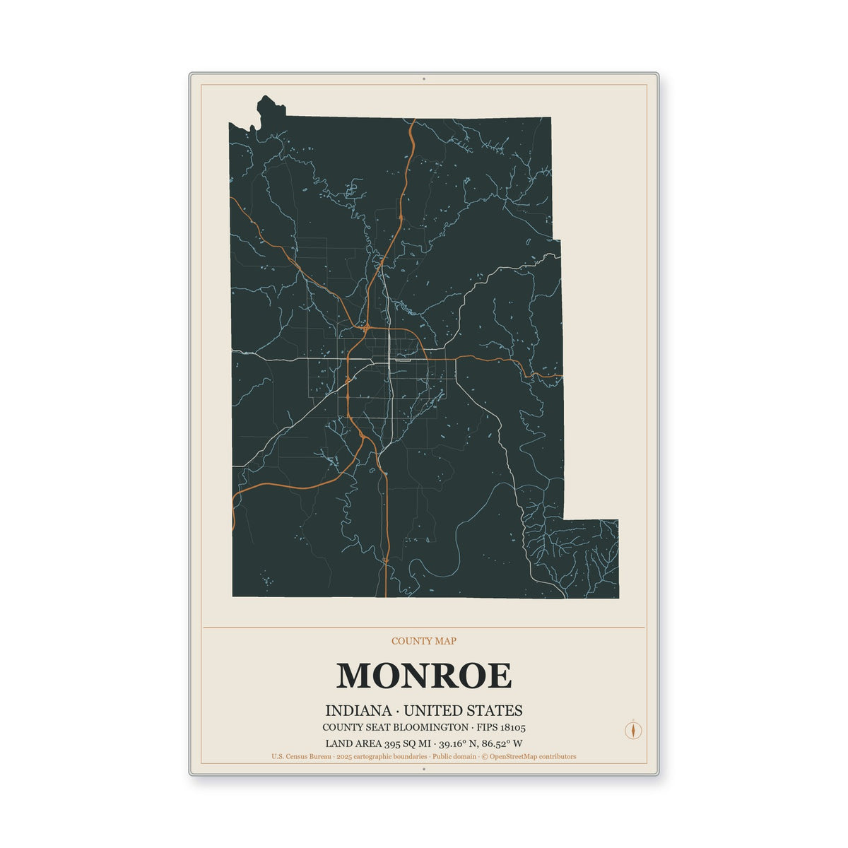 Monroe County, Indiana Map Aluminum Sign in Headline Atlas style
