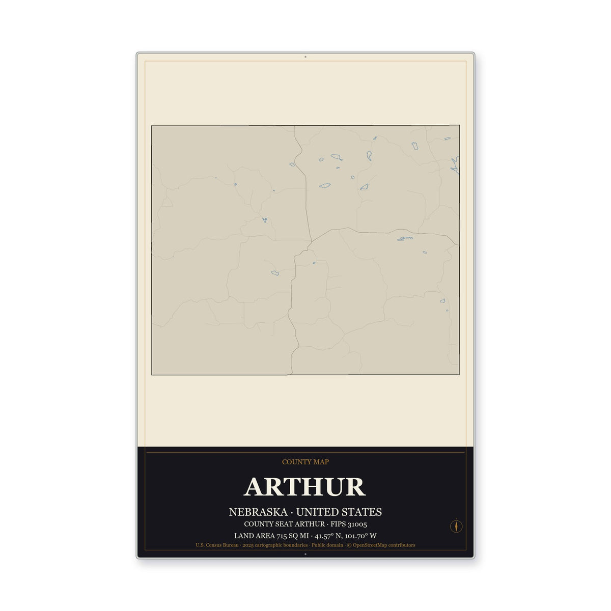 Arthur County, Nebraska Map Aluminum Sign in Museum Plaque style