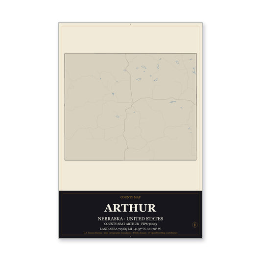 Arthur County, Nebraska Map Aluminum Sign in Museum Plaque style