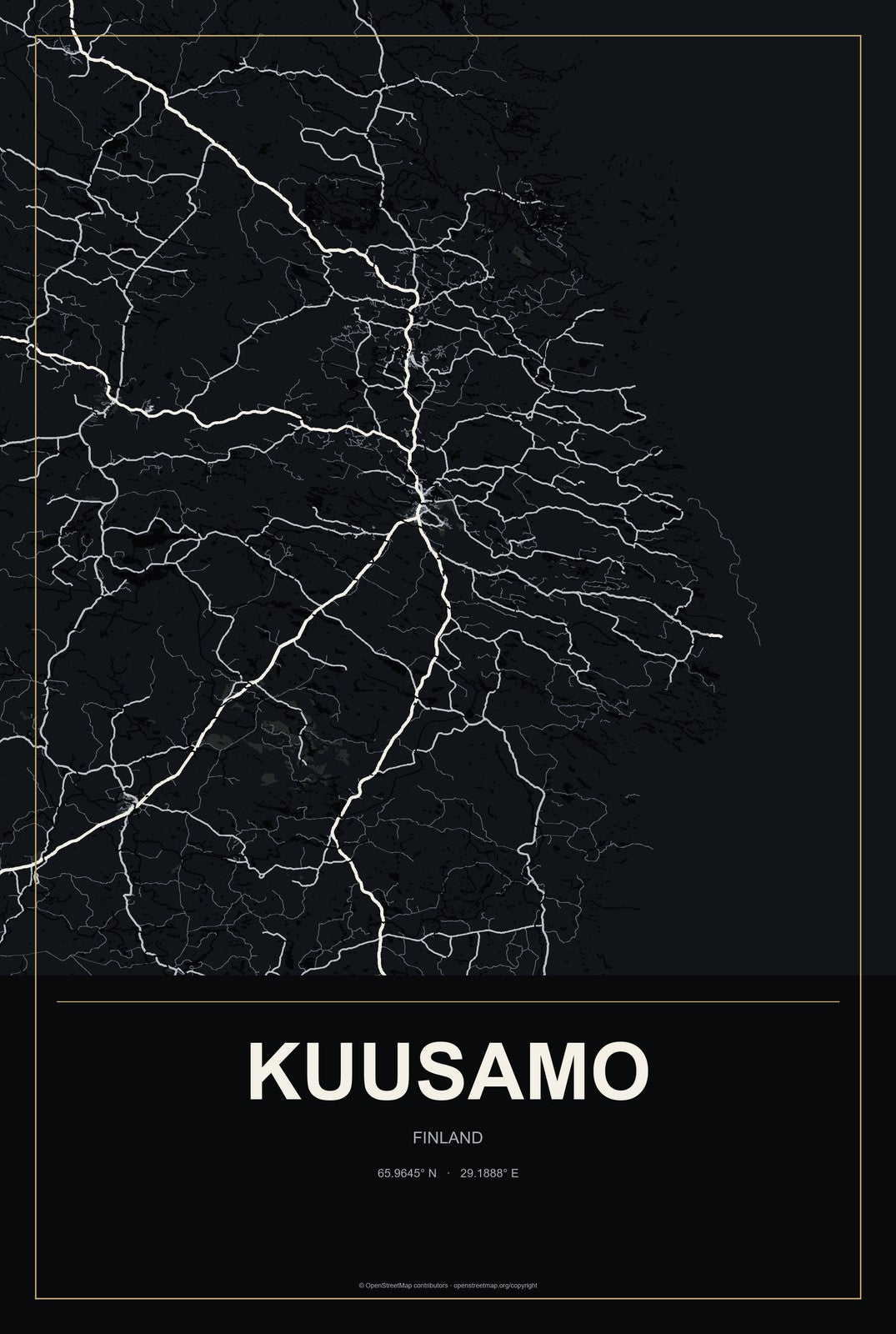 Kuusamo, Finland City Map Aluminum Sign in Metropolitan Noir style