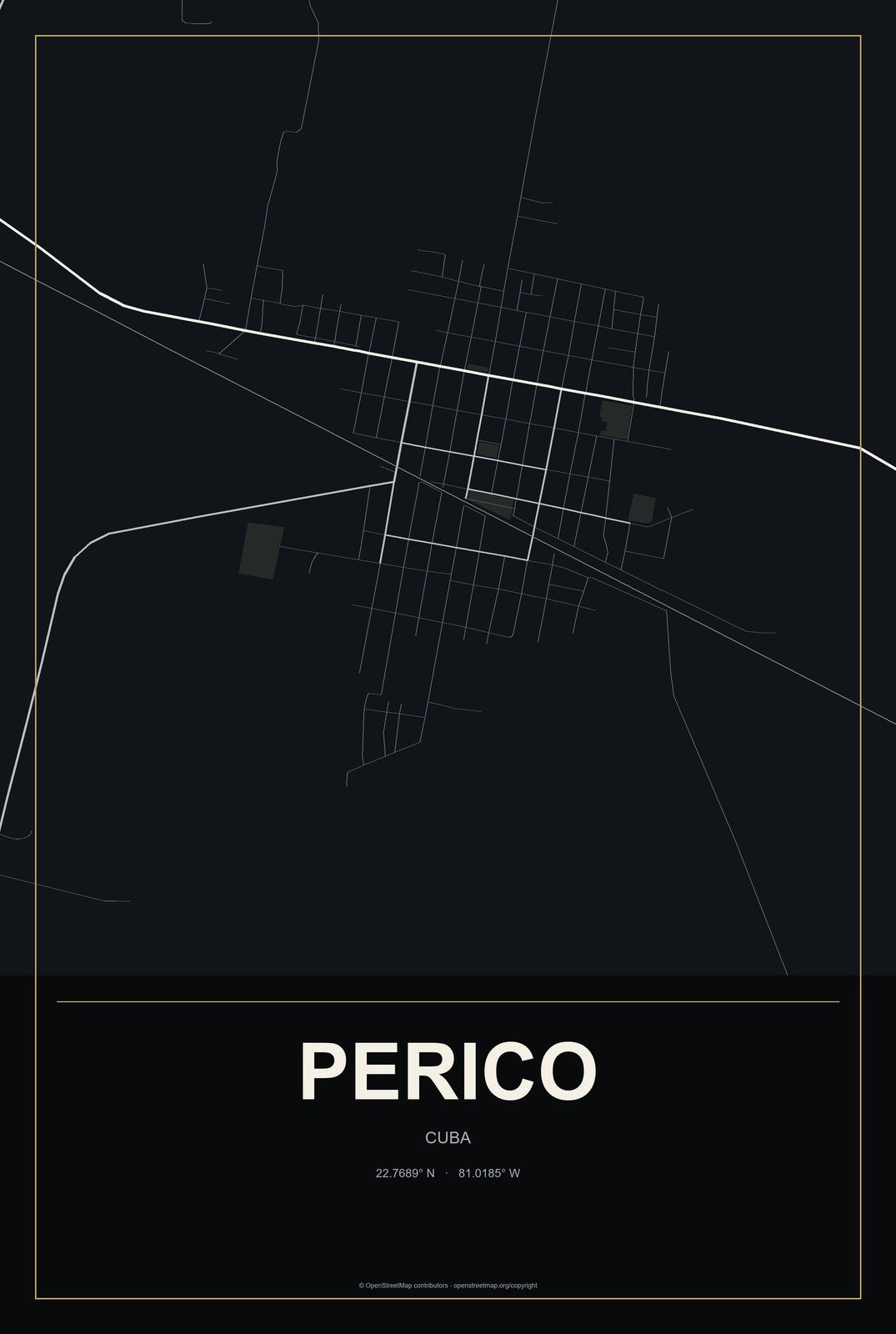 Perico, Cuba City Map Aluminum Sign in Metropolitan Noir style