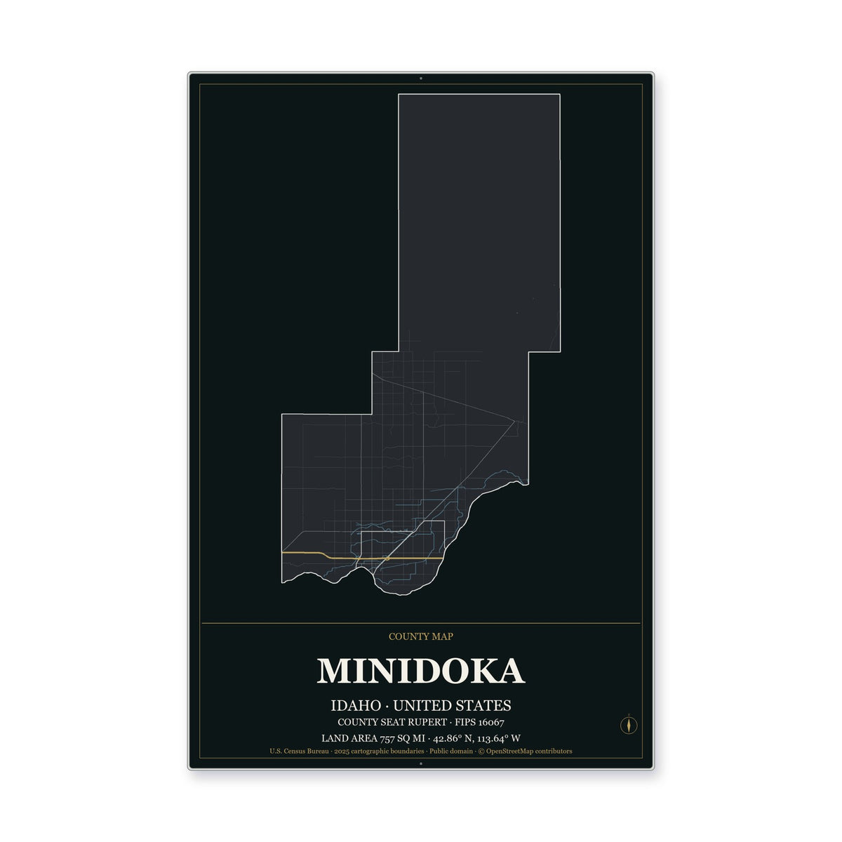 Minidoka County, Idaho Map Aluminum Sign in Metropolitan Noir style