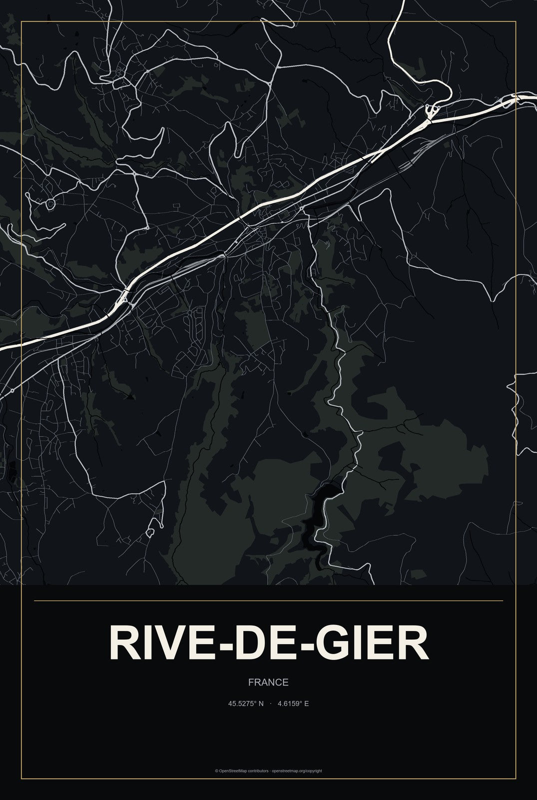 Rive-de-Gier, France City Map Aluminum Sign in Metropolitan Noir style