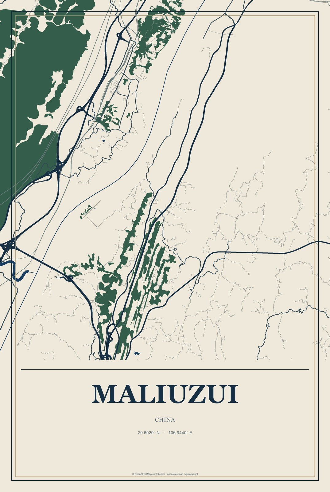 Maliuzui, China City Map Aluminum Sign in Coastal Cutout style