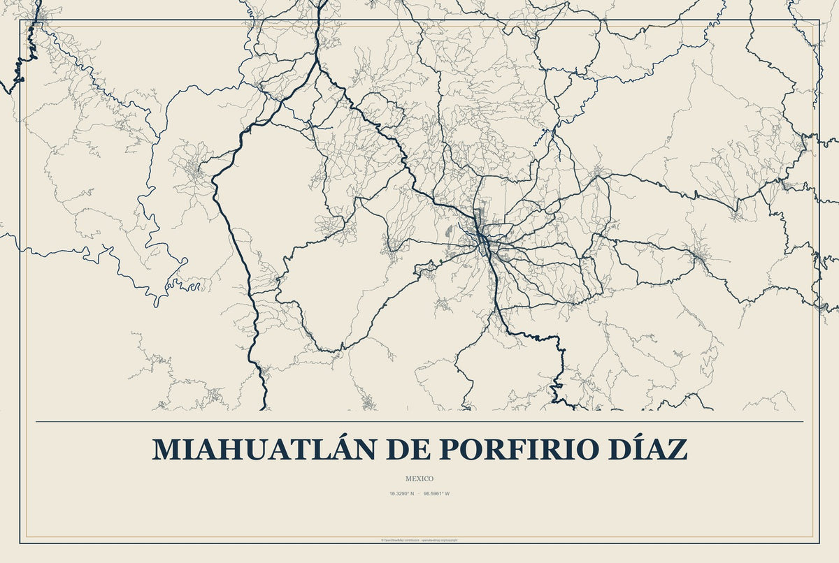 Miahuatlán de Porfirio Díaz, Mexico City Map Aluminum Sign in Coastal Cutout style