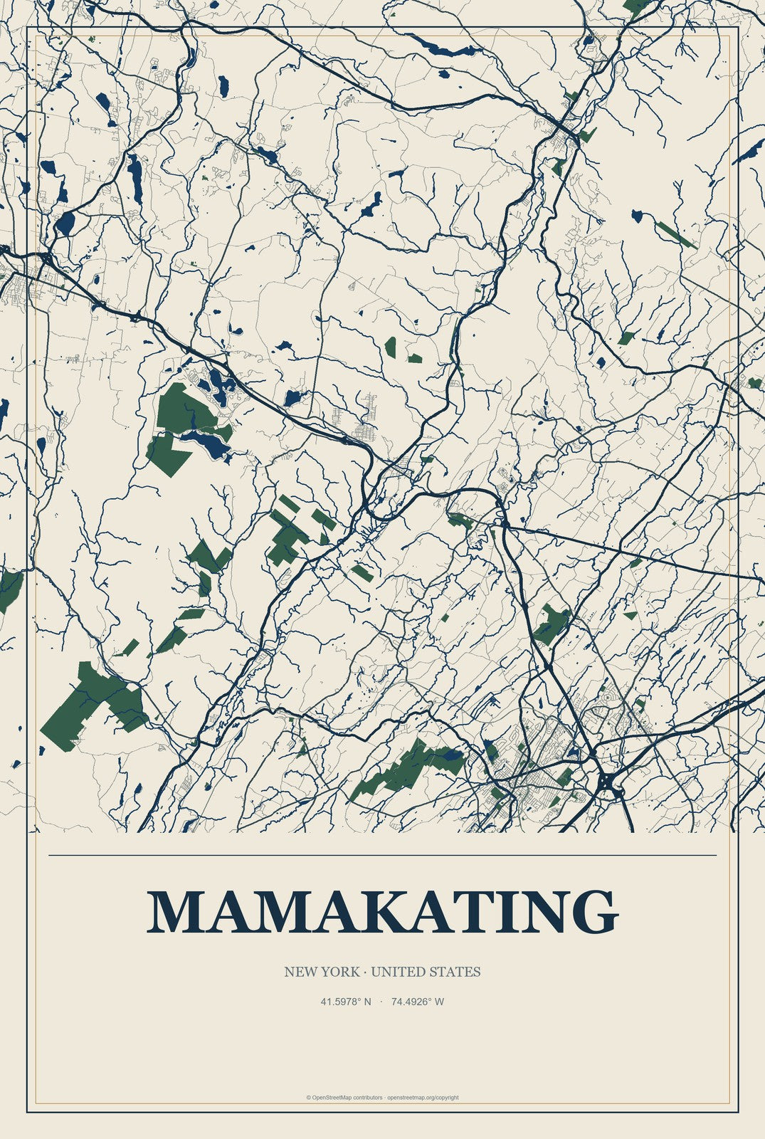 Mamakating, New York City Map Aluminum Sign in Coastal Cutout style