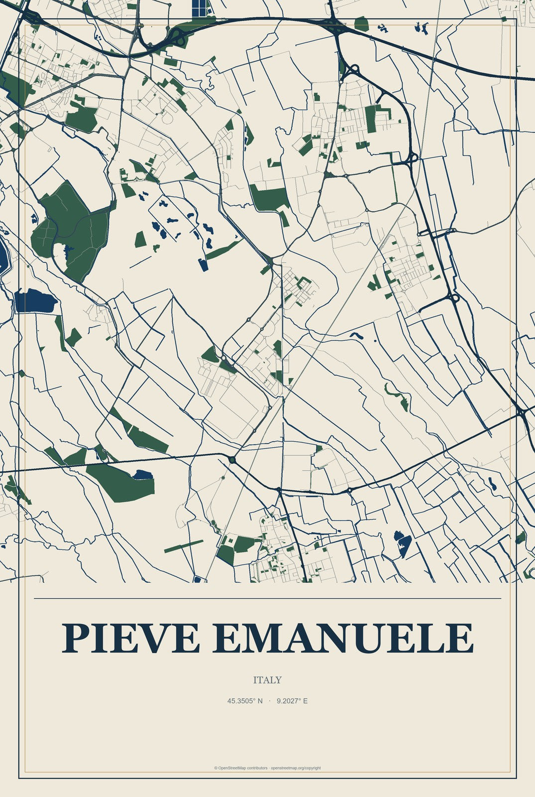 Pieve Emanuele, Italy City Map Aluminum Sign in Coastal Cutout style