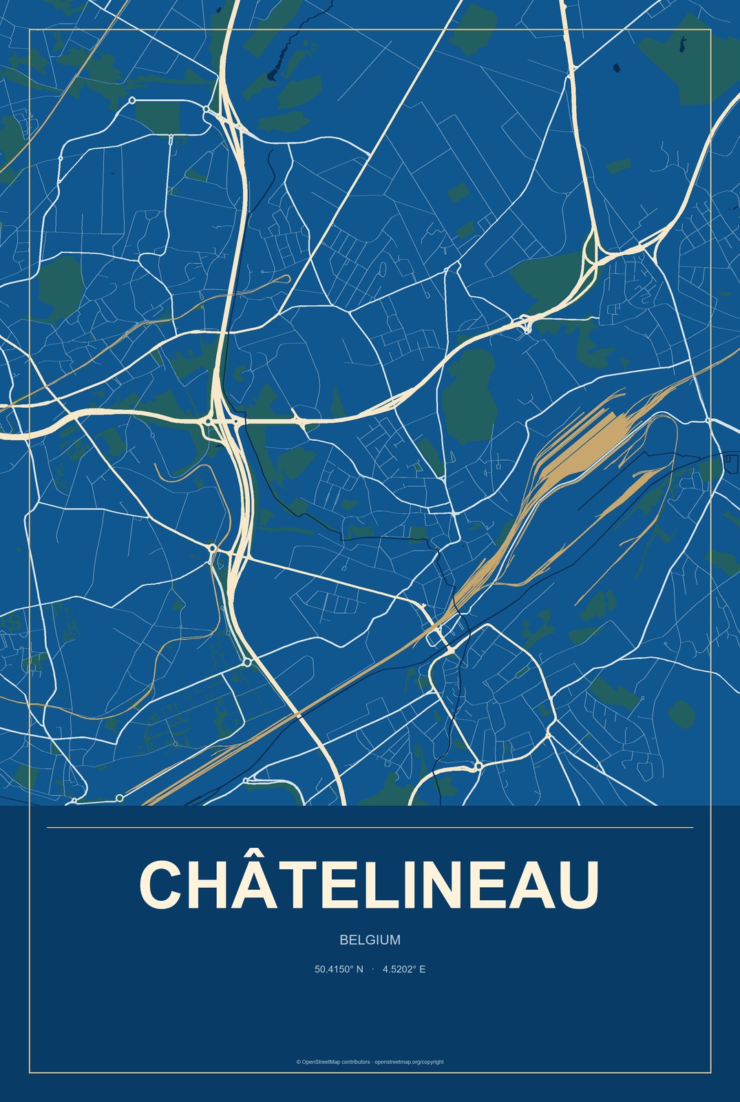 Châtelineau, Belgium City Map Aluminum Sign in Harbor Cobalt style