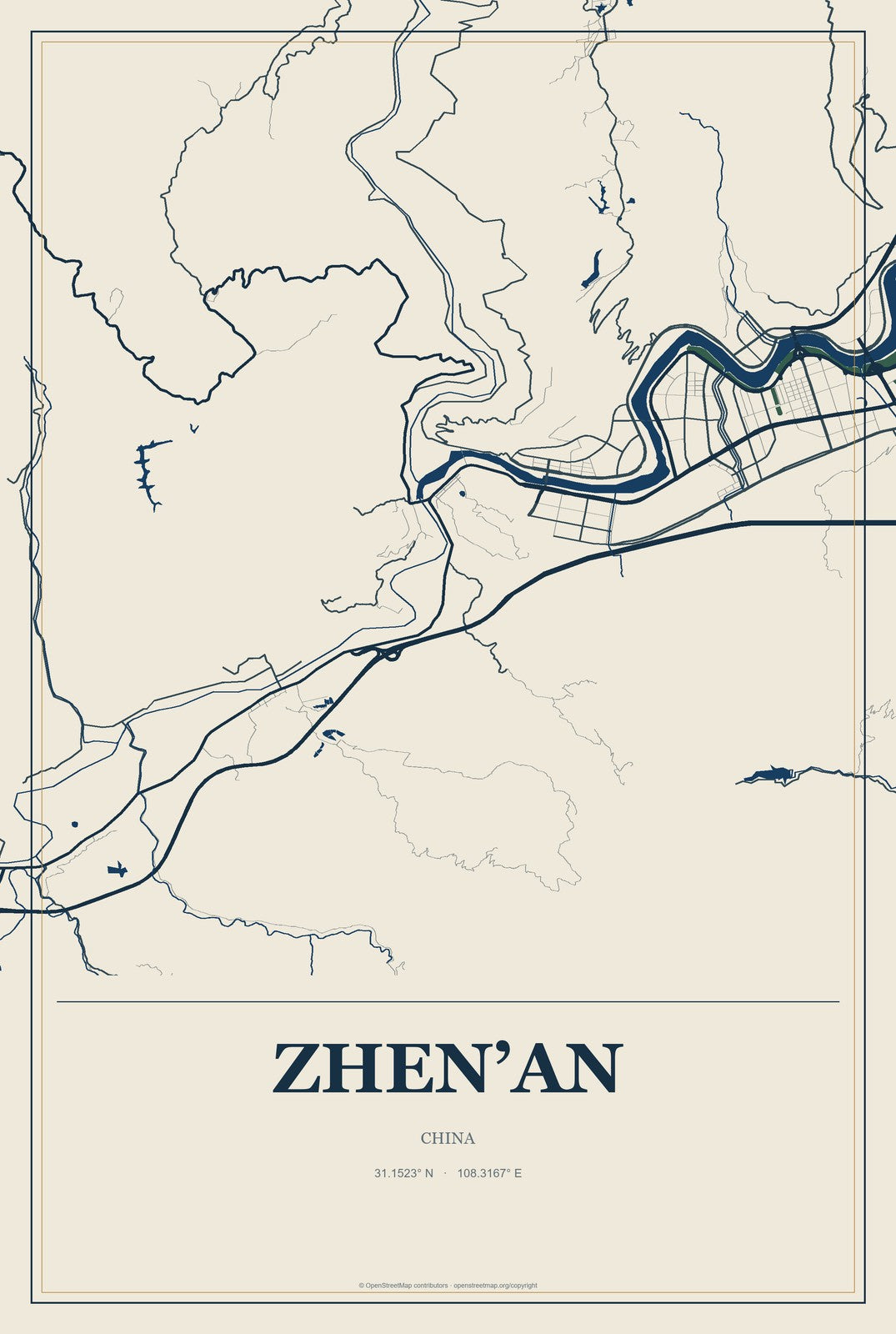 Zhen’an, China City Map Aluminum Sign in Coastal Cutout style