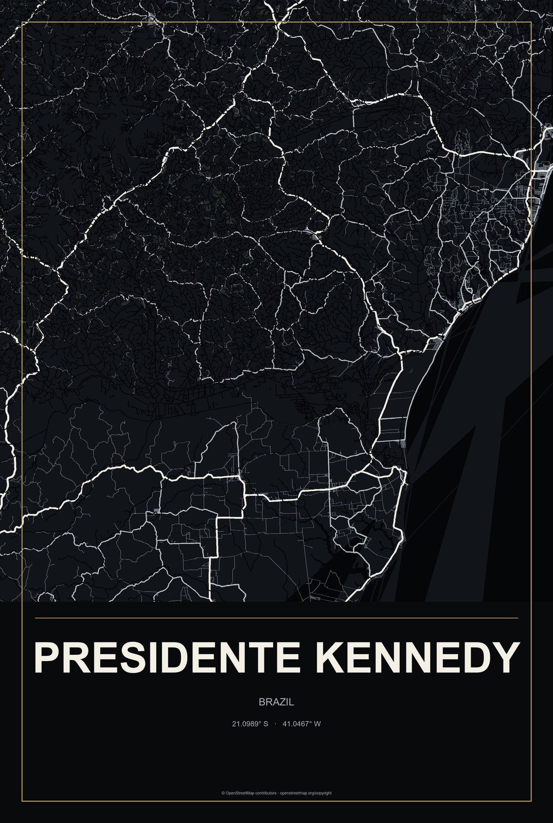 Presidente Kennedy, Brazil City Map Aluminum Sign in Metropolitan Noir style