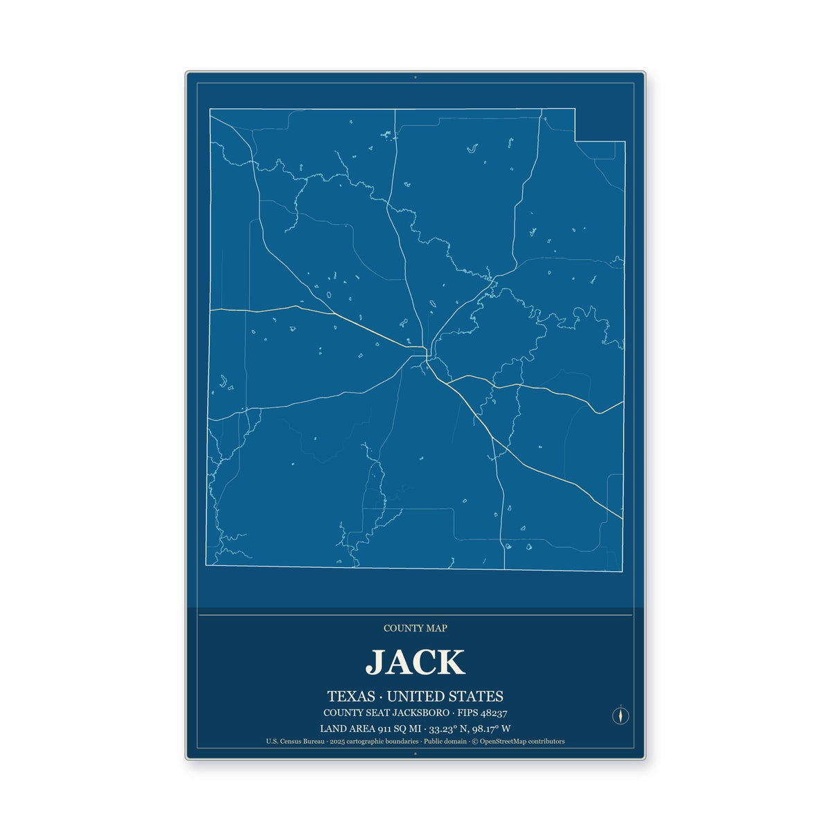 Jack County, Texas Map Aluminum Sign in Harbor Cobalt style