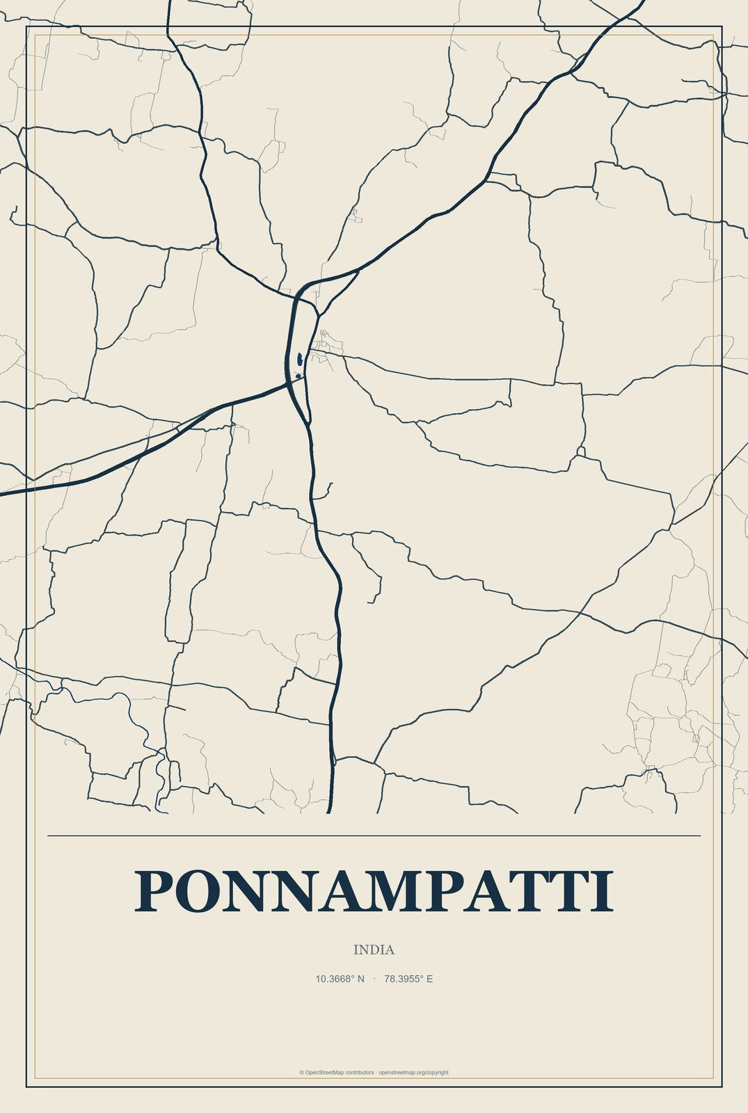 Ponnampatti, India City Map Aluminum Sign in Coastal Cutout style