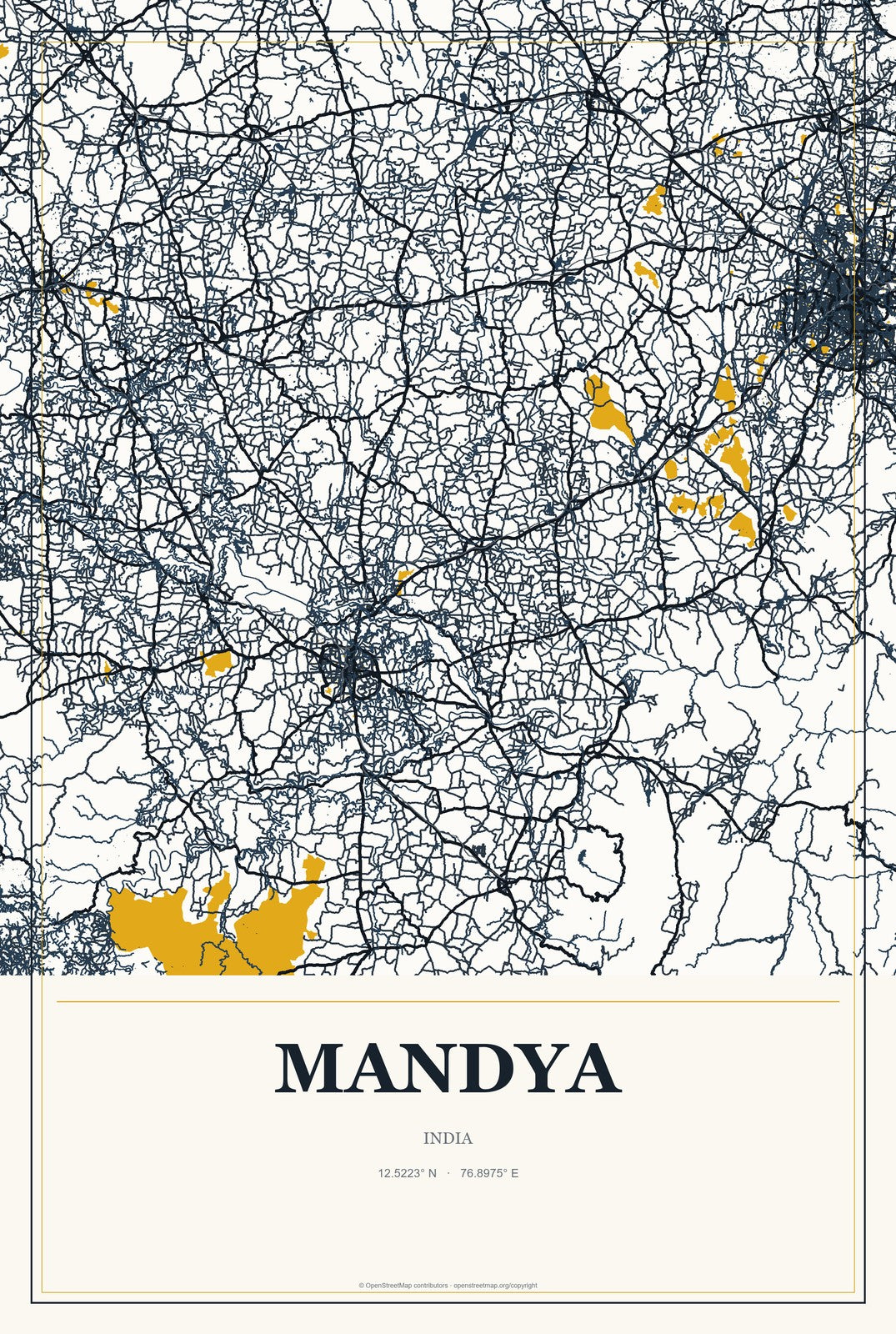 Mandya, India City Map Aluminum Sign in Citrine Modern style